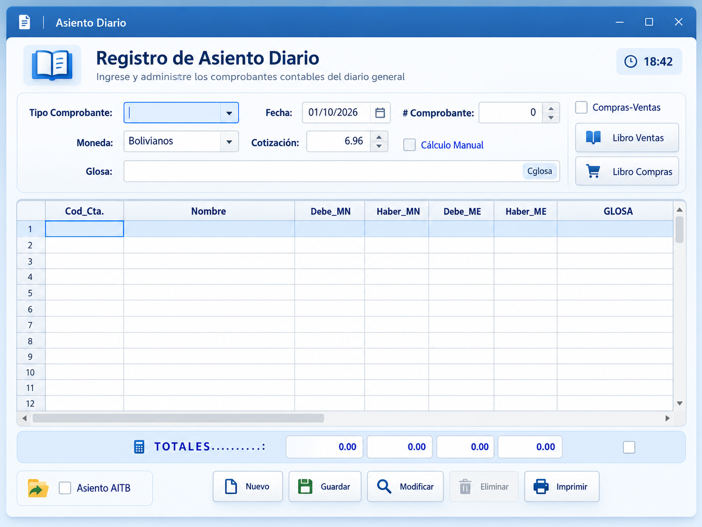 Vista del sistema contable con asiento diario