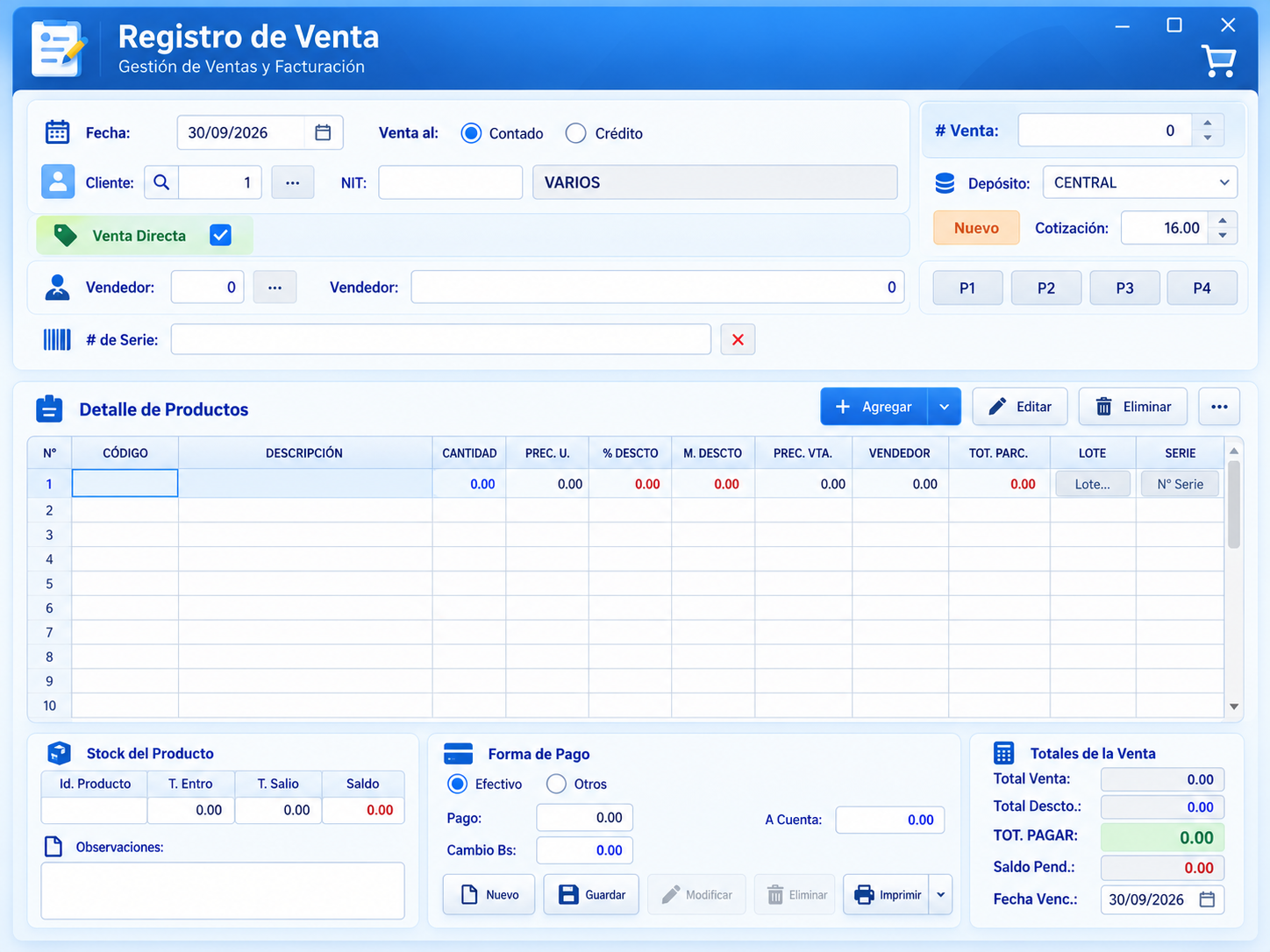Pantalla del sistema de ventas e inventario